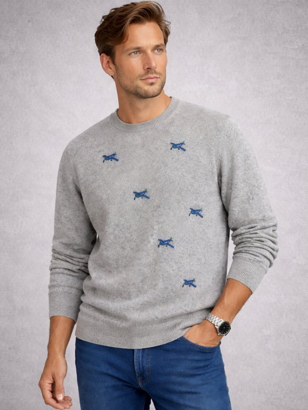 Malo 100% Cashmere Lux Sweater Gray Airplane Embroidered Crewneck Made in Italy